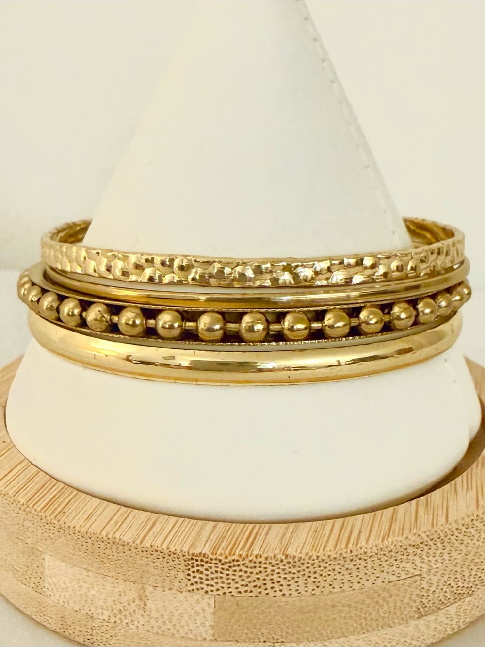 Gold Tone Bangle Bracelet Set 4 Hammered Beaded Textured Stackable Boho